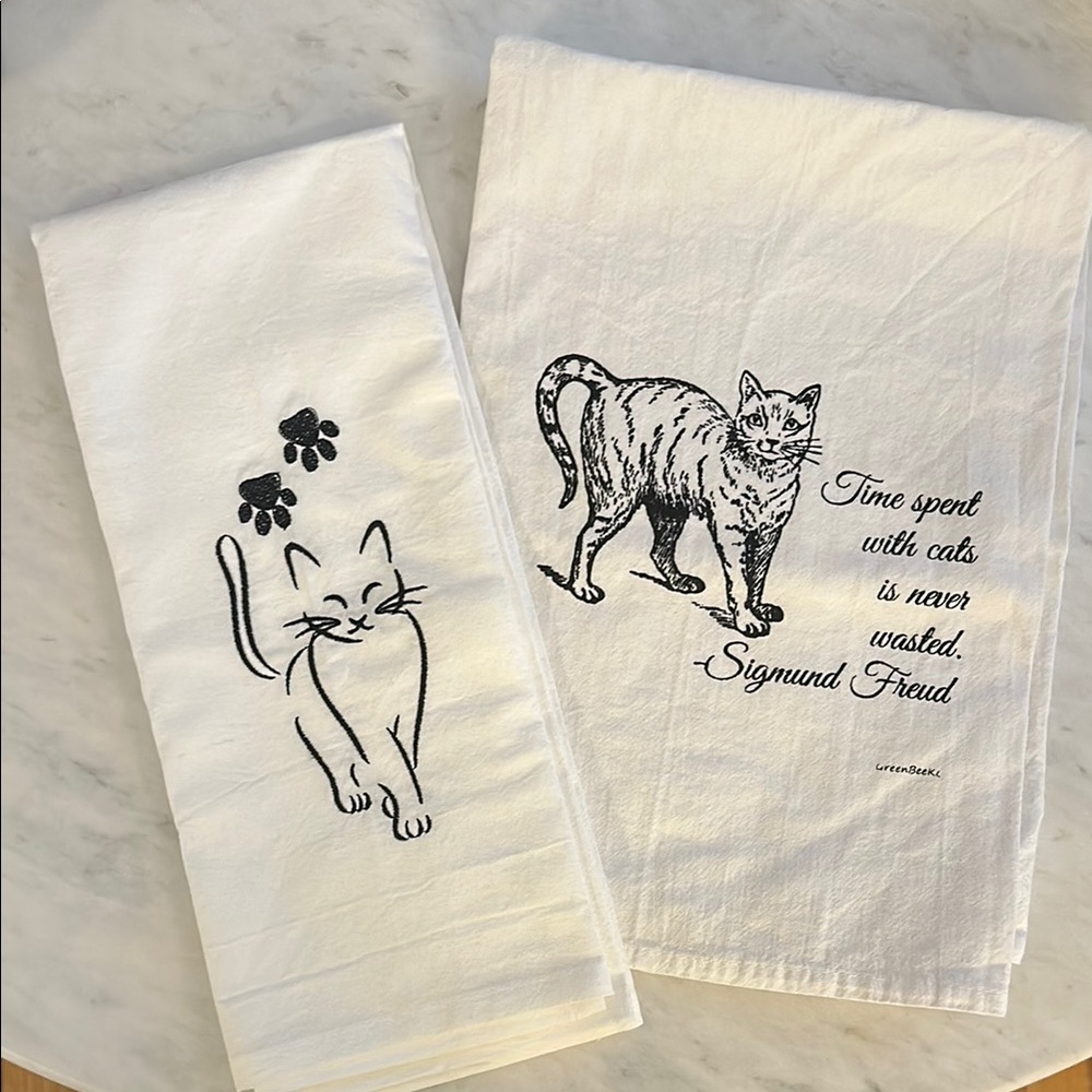 Cat-Themed White Tea Towels